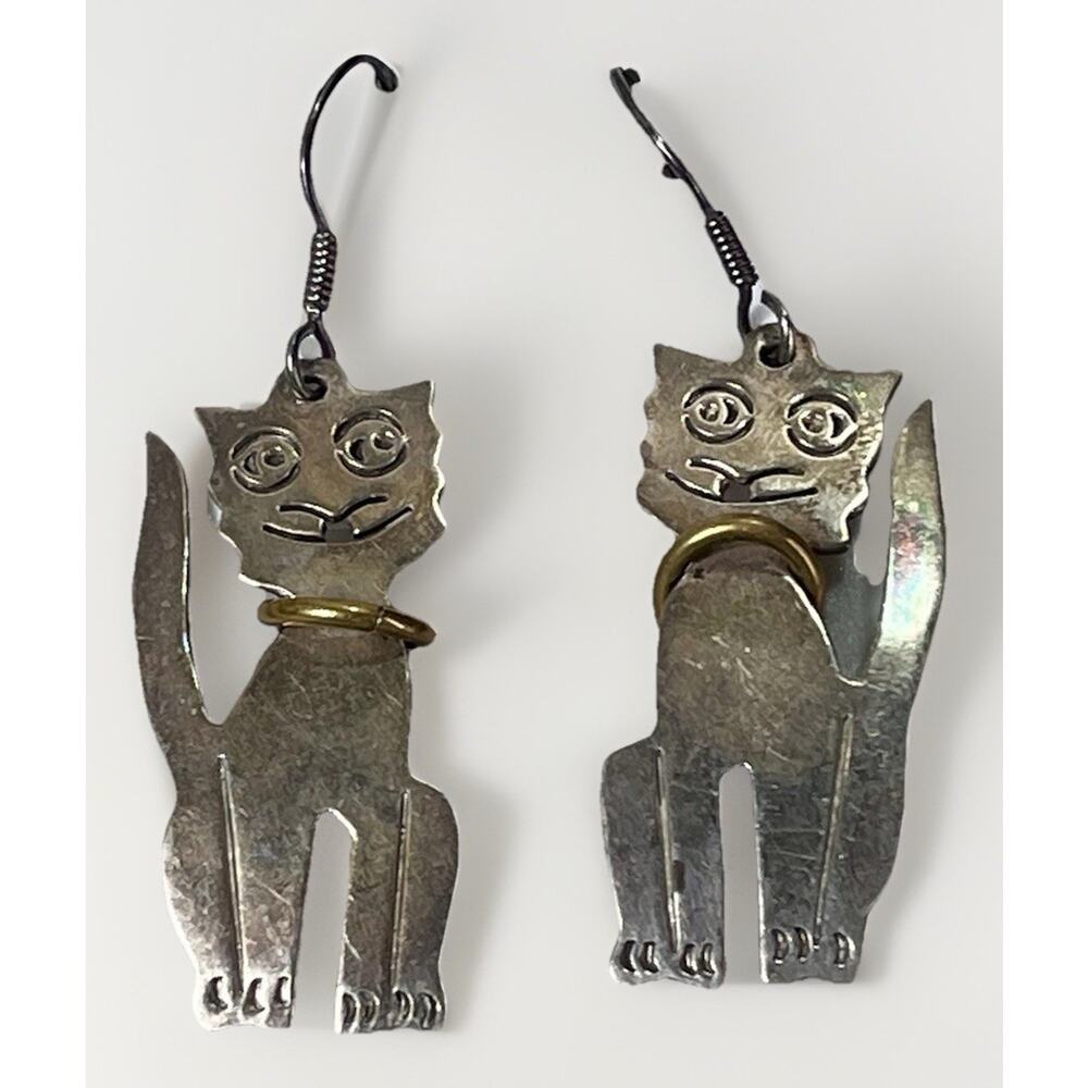 Silver and Gold Cat Dangle Earrings - Women's Jewelry - Picture 6 of 16